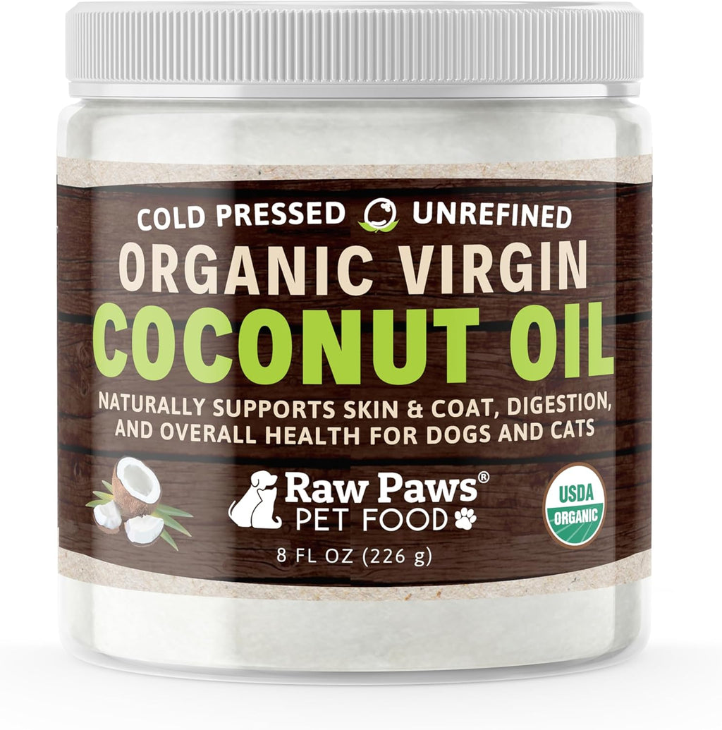 Raw Paws Aceite de Coco Virgen Orgánico para Perros y Gatos, 236 ml – Apoya el Sistema Inmunológico, Digestión, Salud Oral, Tiroides – Alivio Natural de Alergias para Perros – Alivio de Bolas de Pelo