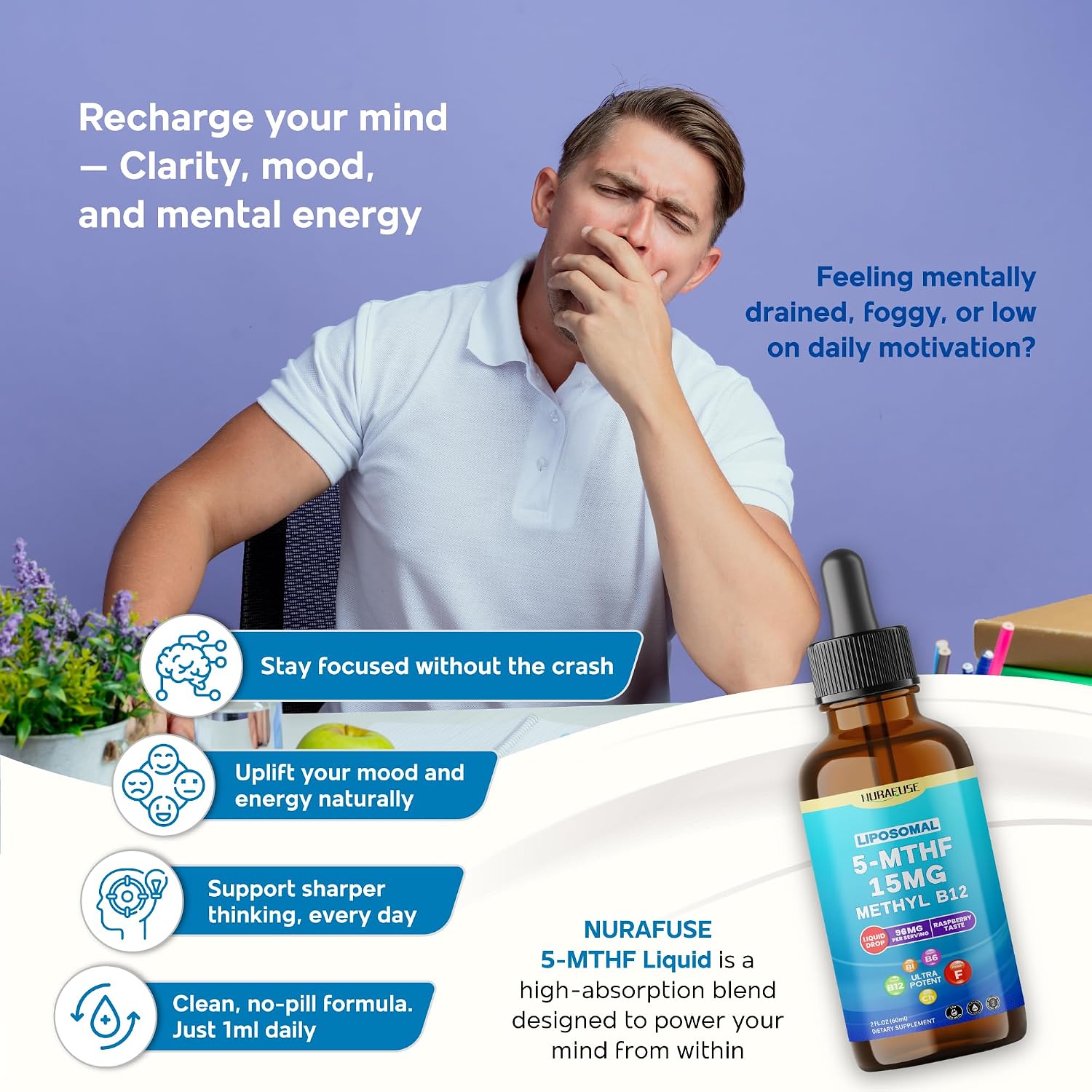 NURAFUSE Liposomal 5-MTHF 15mg & Methyl B12 Liquid Drops – 96mg per Serving, Ultra Potent, Raspberry Taste – 2 FL OZ (60ml)