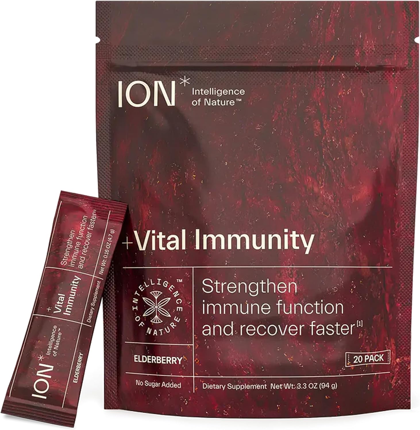 ION* Intelligence of Nature Vital Immunity Drink Mix - Apoyo Inmunitario con Vitamina C y Hongos Adaptógenos, Suplemento Diario en Sobres, Fácil de Transportar - Sabor Saúco, 20 Sobres