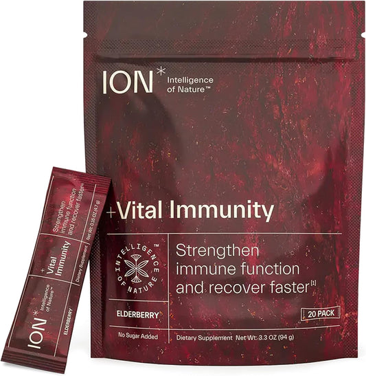 ION* Intelligence of Nature Vital Immunity Drink Mix - Apoyo Inmunitario con Vitamina C y Hongos Adaptógenos, Suplemento Diario en Sobres, Fácil de Transportar - Sabor Saúco, 20 Sobres