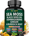 StrongVit Cápsulas de Sea Moss Orgánico con Aceite de Semilla Negra, Ashwagandha y Jengibre, Raíz de Bardana y Vejiga de Mar, Suplemento Multimineral Avanzado