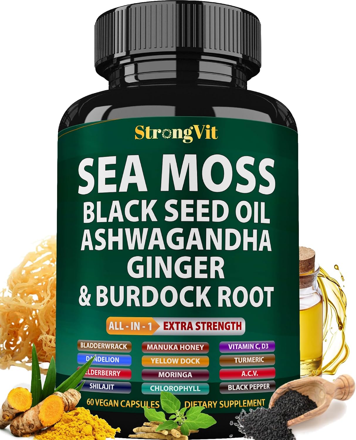 StrongVit Cápsulas de Sea Moss Orgánico con Aceite de Semilla Negra, Ashwagandha y Jengibre, Raíz de Bardana y Vejiga de Mar, Suplemento Multimineral Avanzado