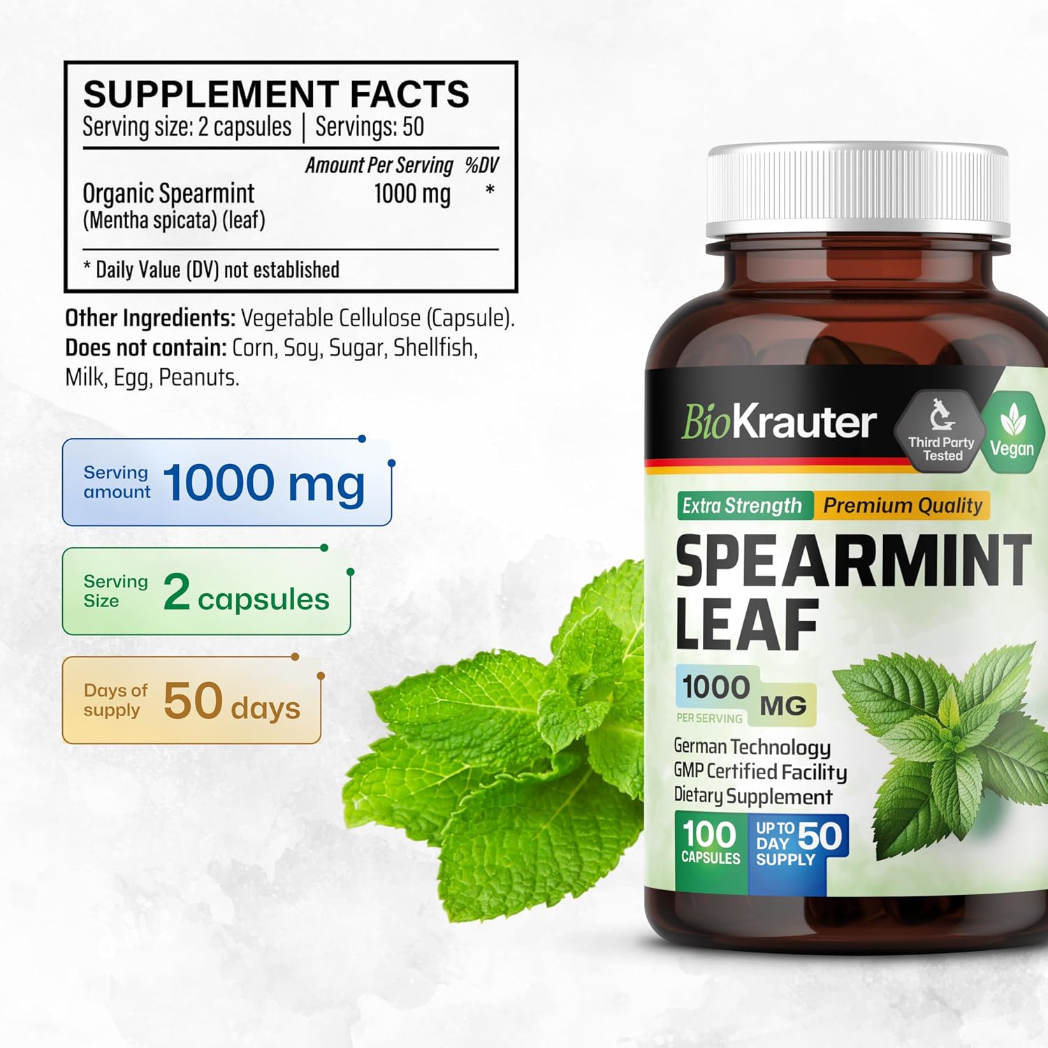 BIO KRAUTER® Cápsulas de Menta Verde - 1000 mg - Vegano - 100 Cápsulas (50 Días)