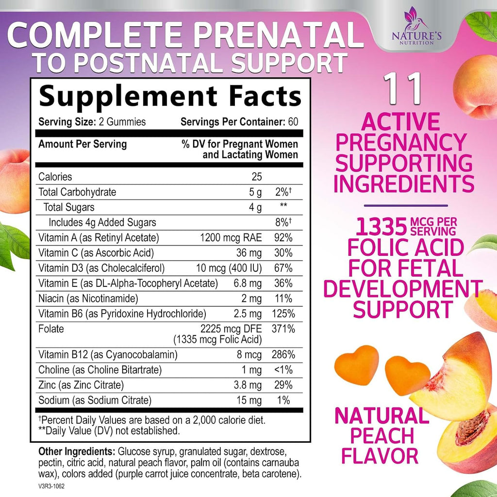 Vitaminas Prenatales en Gominolas con Ácido Fólico, Vitaminas A, C, D3, B12, B6 - 120 Gomitas