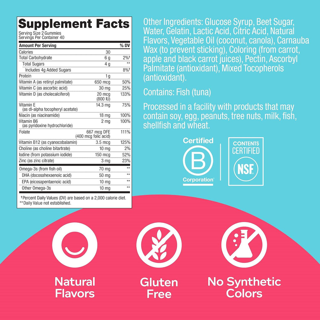 OLLY Gomitas Multivitamínicas Prenatales – Ácido Fólico, Vitamina D, Omega-3 DHA – Sabor Cítricos y Bayas – 80 unidades
