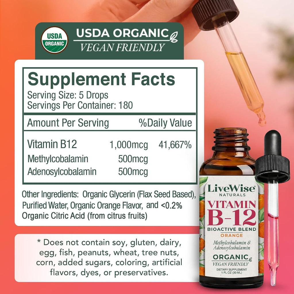 Organic Vitamin B12 1000 mcg Sublingual Liquid Drops - Naranja - 1 oz (6 Meses de Suministro)