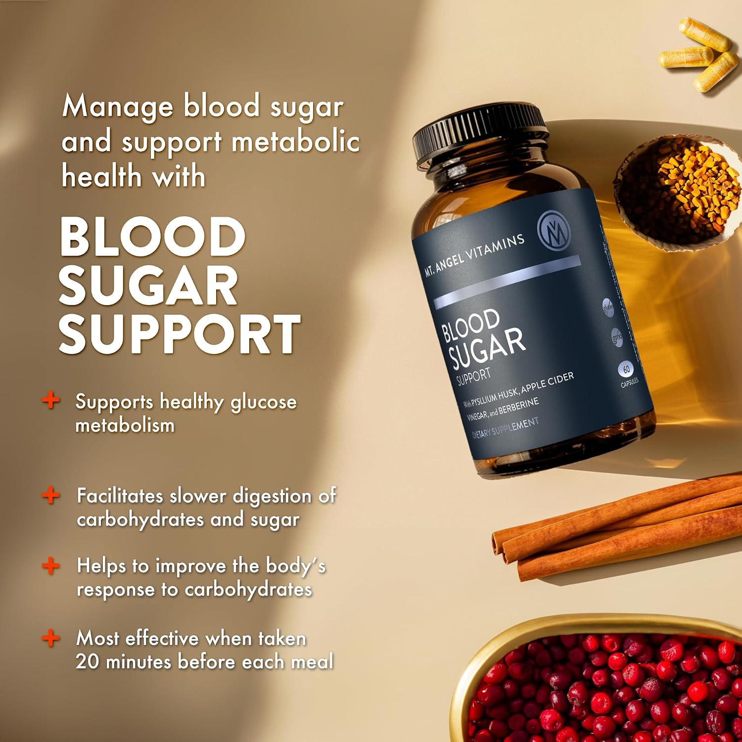 Mt. Angel Vitamins Blood Sugar Support - Suplemento con Berberina, Canela y Vinagre de Manzana - 60 Cápsulas