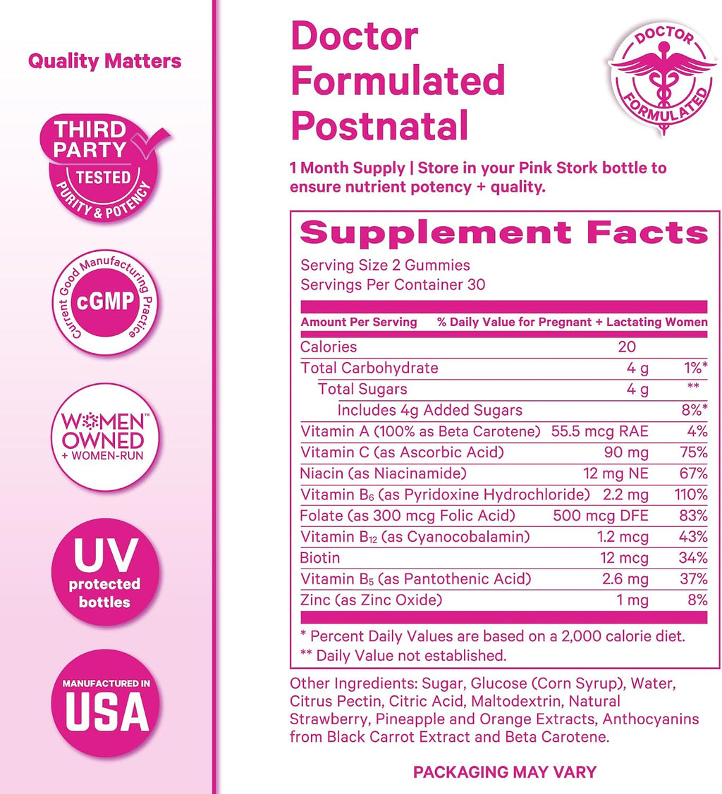 Pink Stork Total Postnatal Vitamin Gummies - Multivitamínico para la Recuperación Postparto y Apoyo a la Lactancia - 60 Gominolas