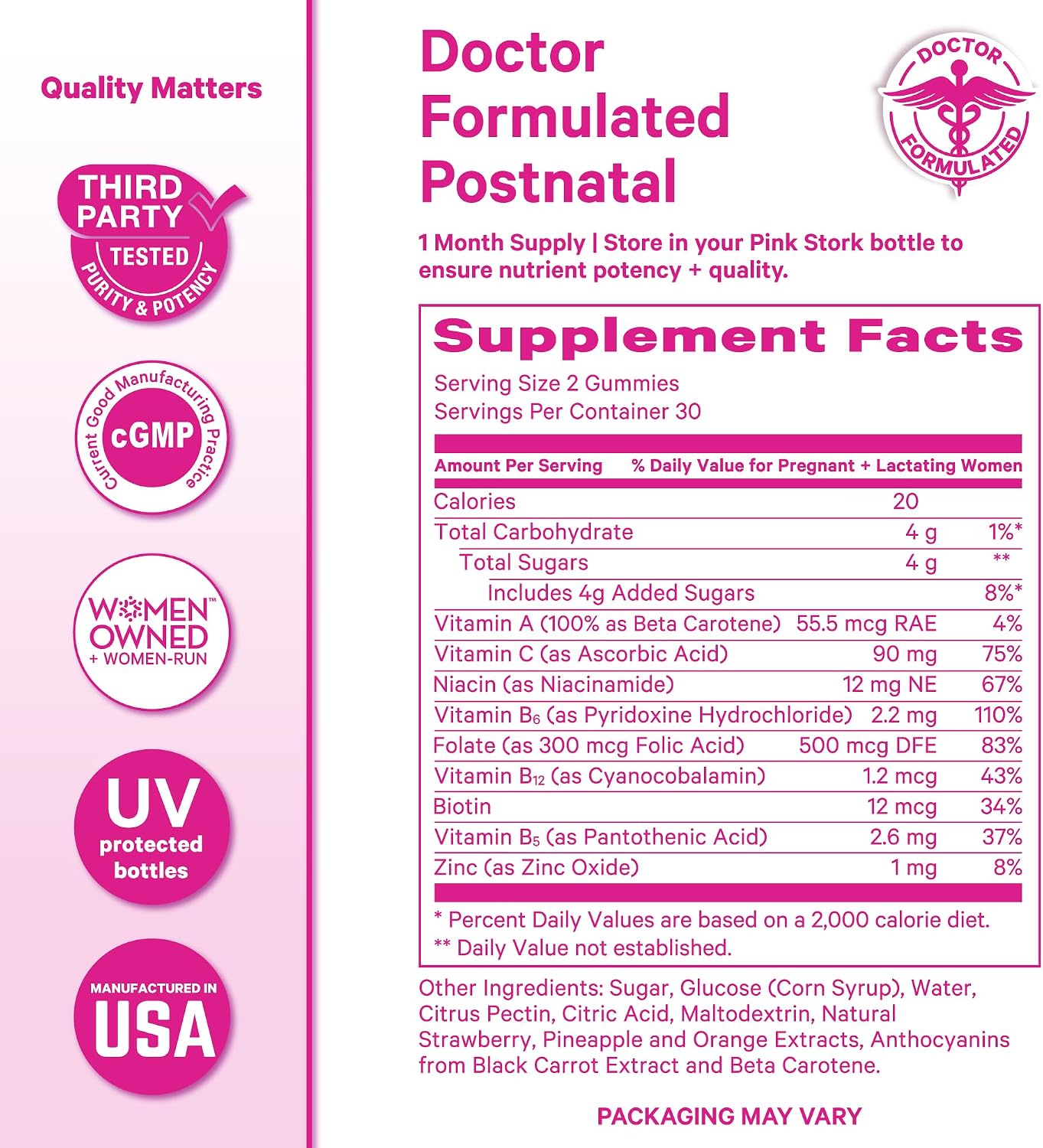 Pink Stork Total Postnatal Vitamin Gummies - Multivitamínico para la Recuperación Postparto y Apoyo a la Lactancia - Ácido Fólico, B6 y Vitamina C - Esenciales Postparto - 60 Gomitas