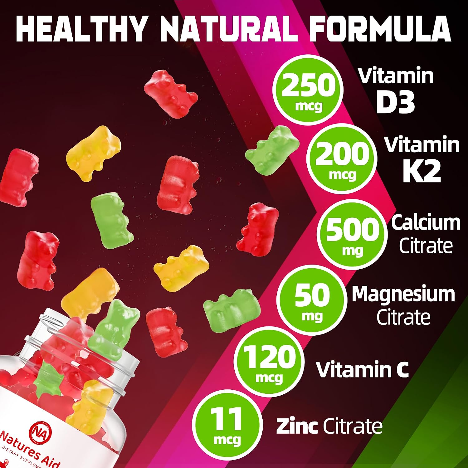 Natures Aid Gominolas de Vitamina D3 y K2 sin Azúcar con Calcio, Magnesio, Vitamina C y Zinc - 60 Gominolas Veganas