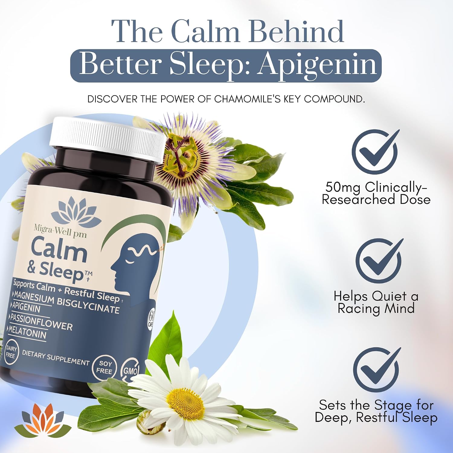 Calm & Sleep: Ayuda para Dormir con Magnesio Bisglicinato, Apigenina y Pasiflora – 60 Cápsulas