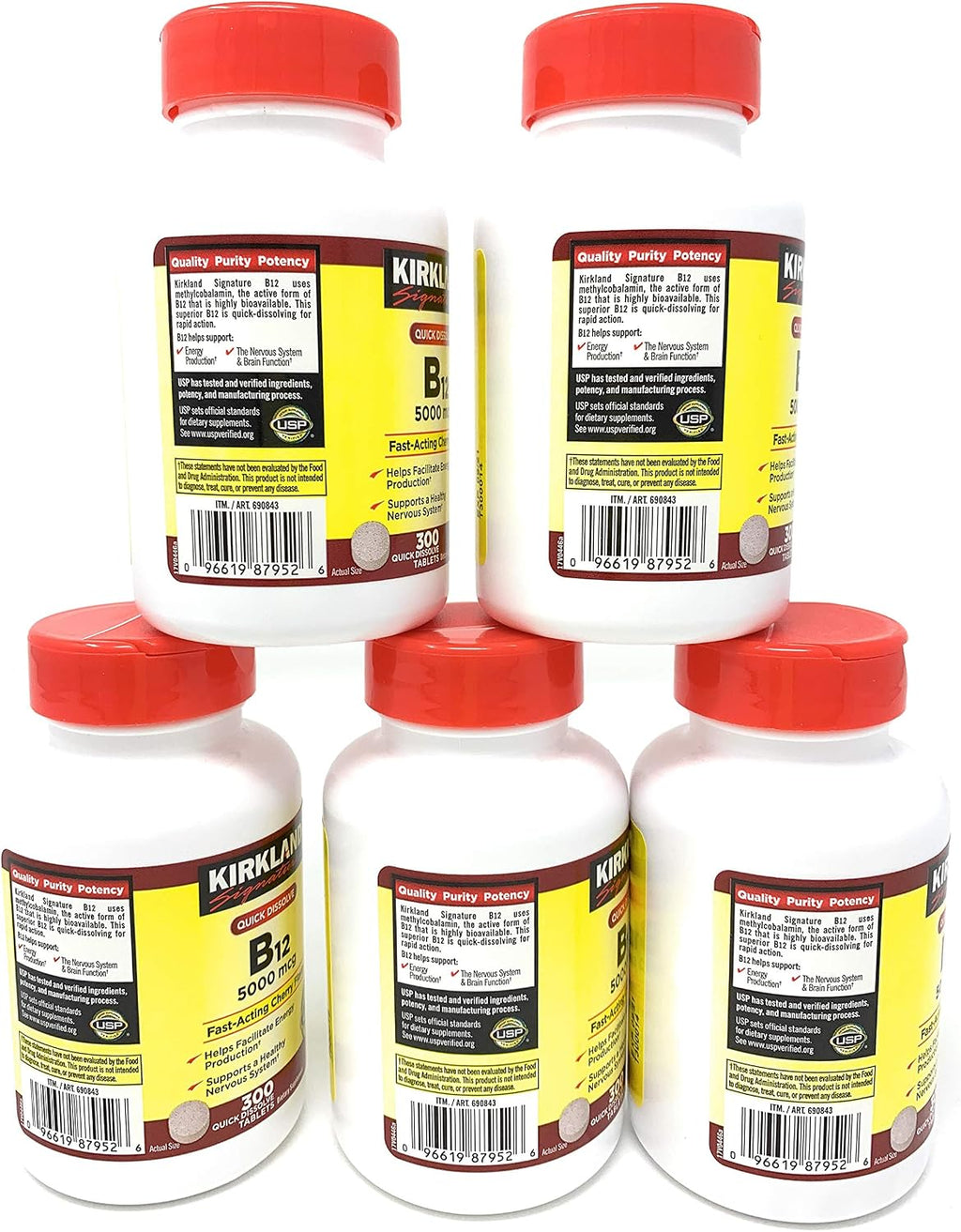 Kirkland Signature B12 Sublingual 5000 mcg, 5 Frascos (300 Comprimidos)