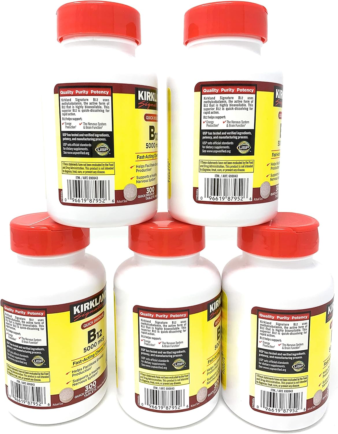 Kirkland Signature B12 Sublingual 5000 mcg, 5 Frascos (300 Comprimidos)
