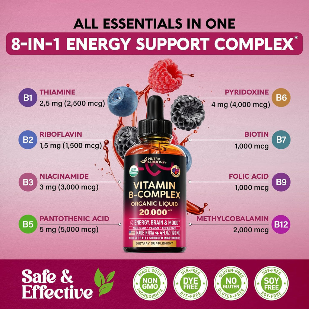 NUTRAHARMONY Complejo B Líquido USDA Orgánico - 20000 mcg con B5, B12 Metilcobalamina, B1, B6, B7, B9, B3 - Sabor Natural a Bayas, Sin Azúcar, 118 ml
