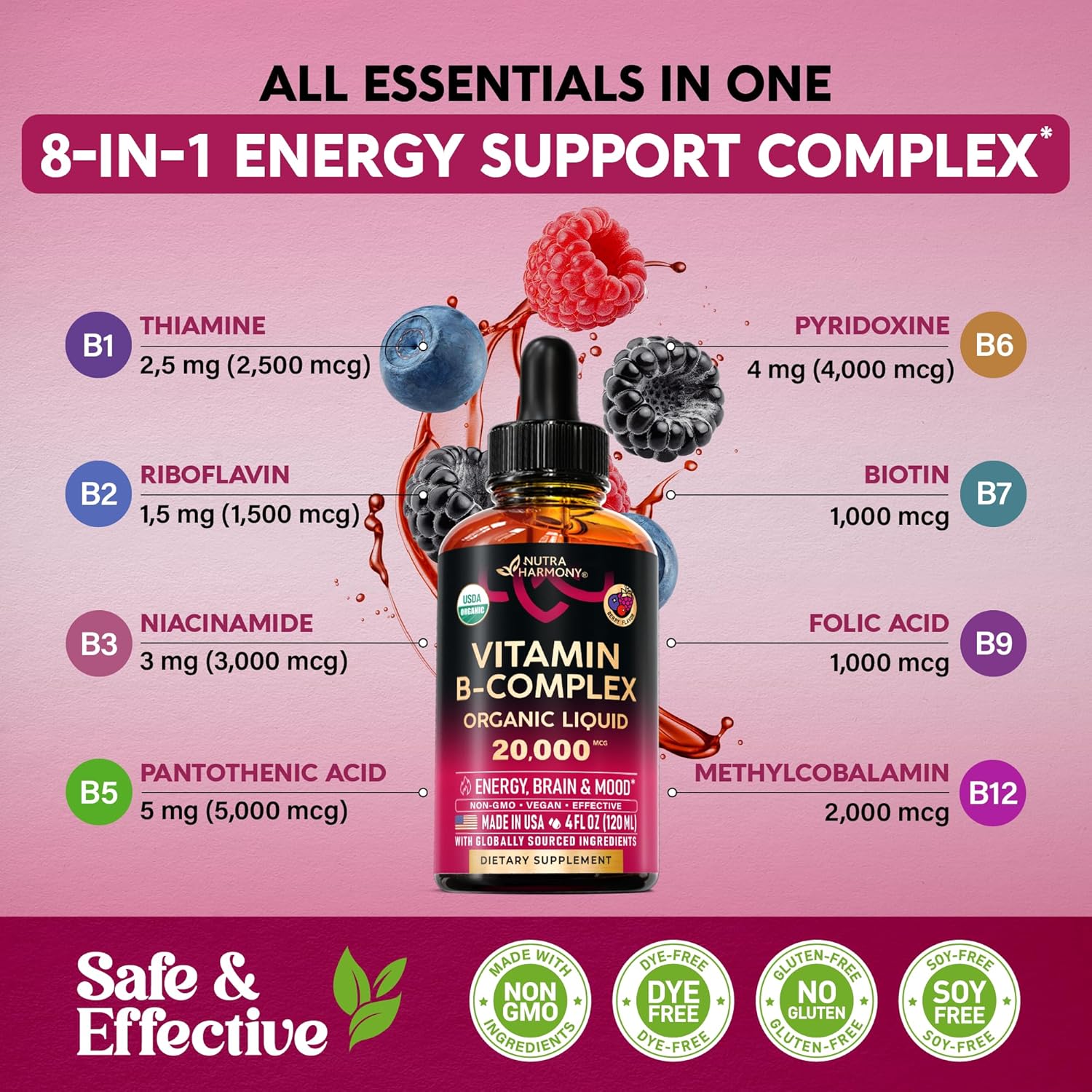 NUTRAHARMONY Complejo B Líquido USDA Orgánico - 20000 mcg con B5, B12 Metilcobalamina, B1, B6, B7, B9, B3 - Sabor Natural a Bayas, Sin Azúcar, 118 ml