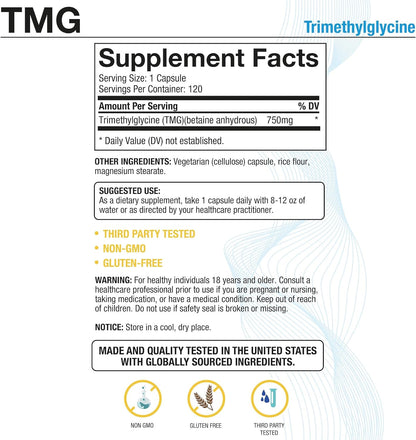 Puregen Labs TMG 750 mg - Trimetilglicina - 240 Cápsulas Vegetarianas (2 Envases) – Image 2