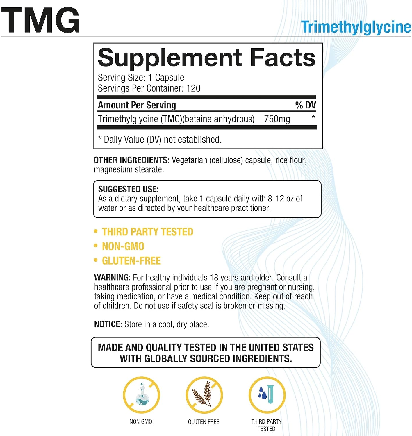 Puregen Labs TMG 750 mg – Trimetilglicina – Sin Gluten, Sin Lácteos, No-GMO – Pack de 3 | 180 Cápsulas Vegetarianas