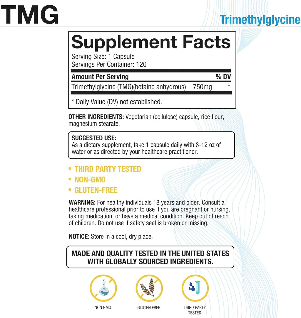 Puregen Labs TMG 750 mg – Trimetilglicina – No OGM, Sin Gluten ni Lácteos – 2 Envases | 120 Cápsulas Vegetarianas