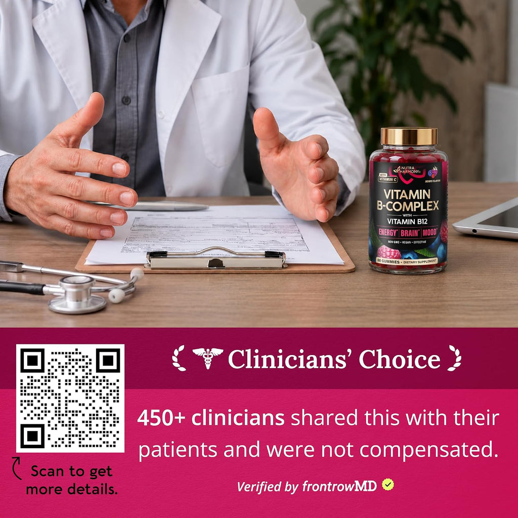 NUTRAHARMONY Complejo B Gominolas - Vitaminas B1-B12, C y Colina - 60 Gominolas Veganas Sabor Berry
