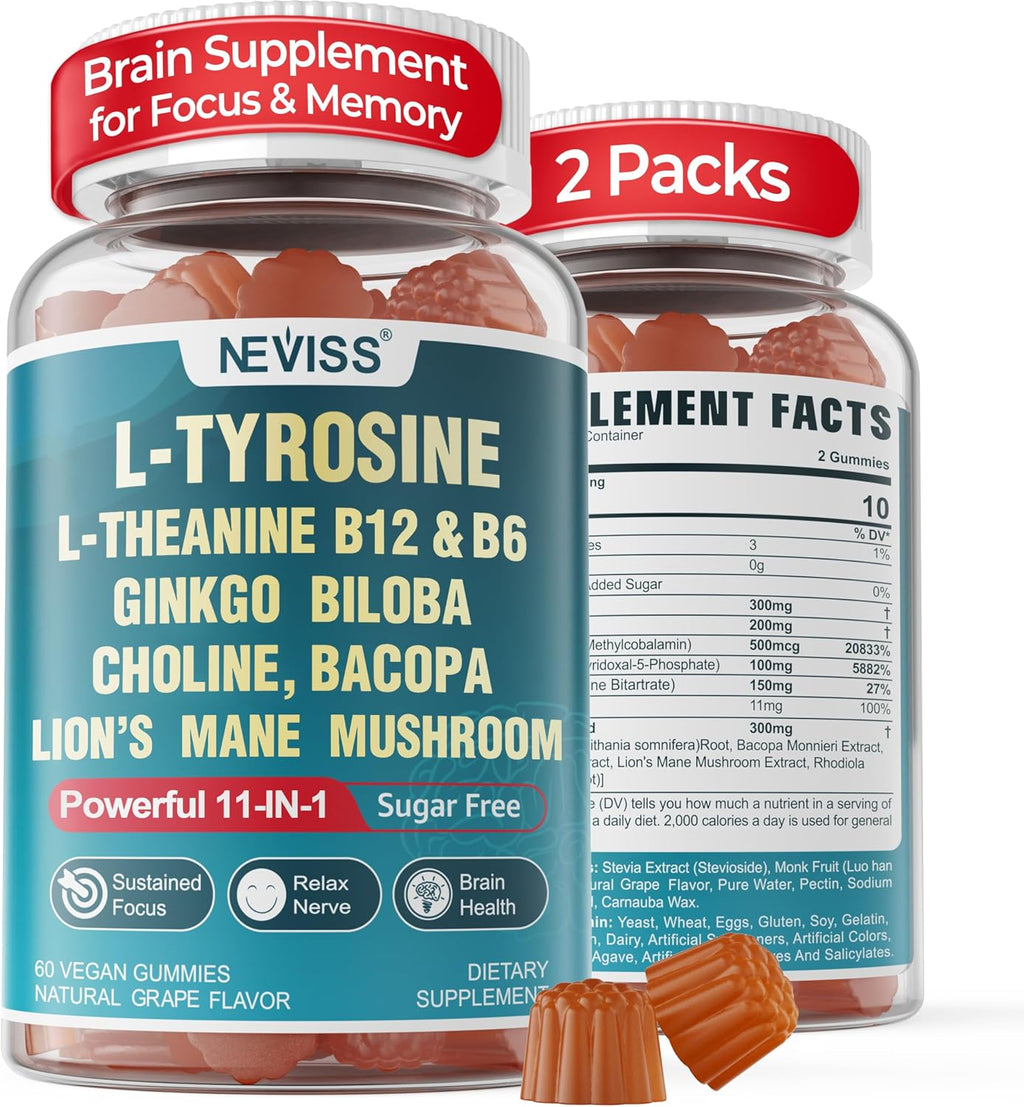 Complemento Cerebral 11-en-1 con L-Tirosina, L-Teanina, B12 Metilada, B6, Melena de León, Ginkgo Biloba, Bacopa Monnieri, Colina - Gominolas sin Azúcar, 2 Paquetes