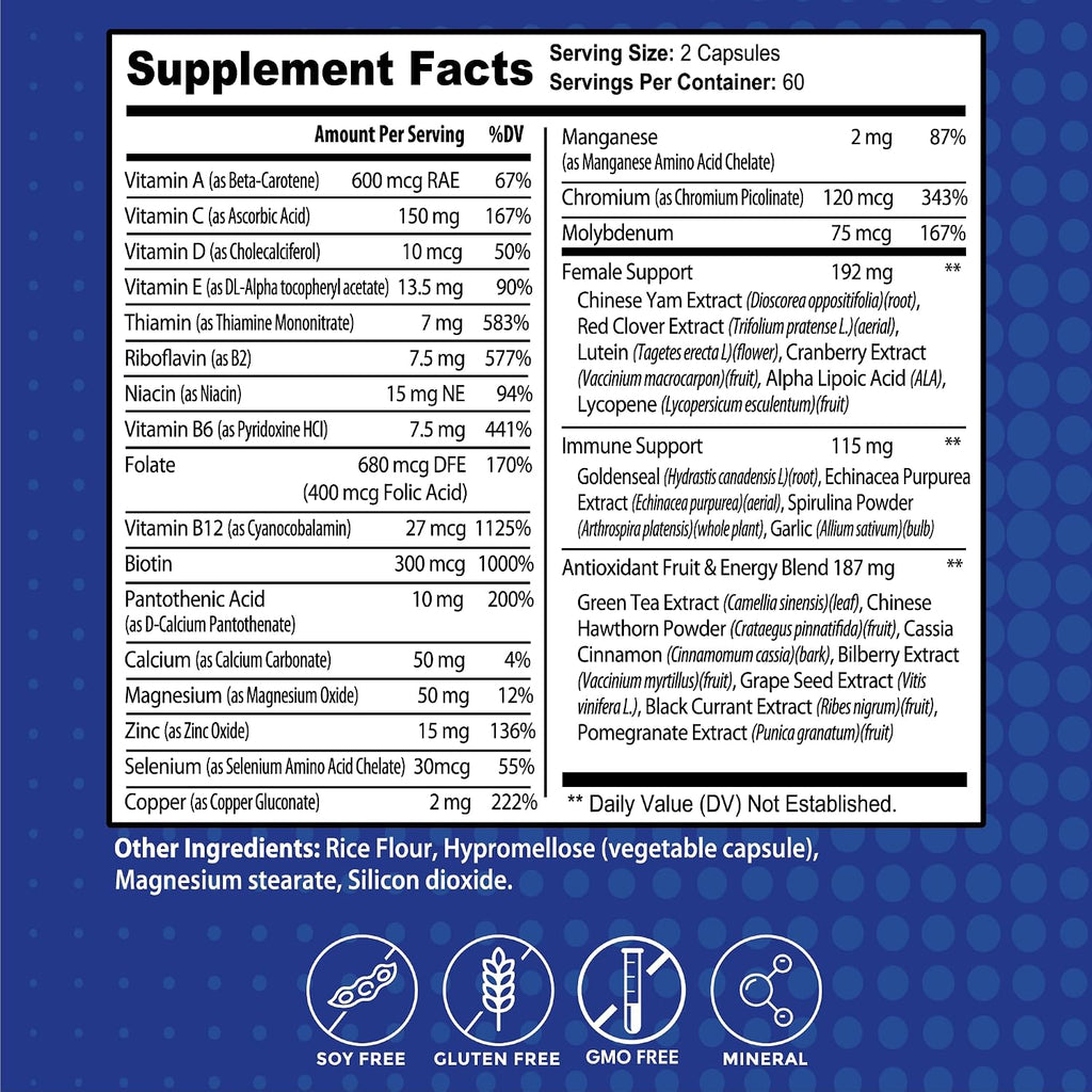 Multivitamínico para Mujeres 37 en 1 con Vitaminas C, D3, Ácido Fólico, Complejo B, Biotina, Zinc y Más – 120 Comprimidos