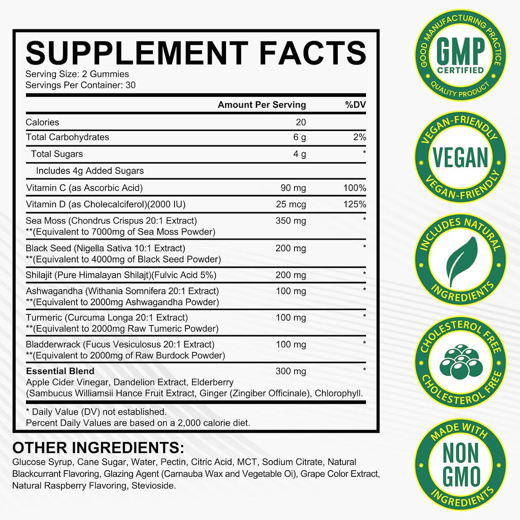 LTQXGT Gominolas de Sea Moss, Bladderwrack, Ashwagandha y Burdock Root - 60 Gominolas Veganas