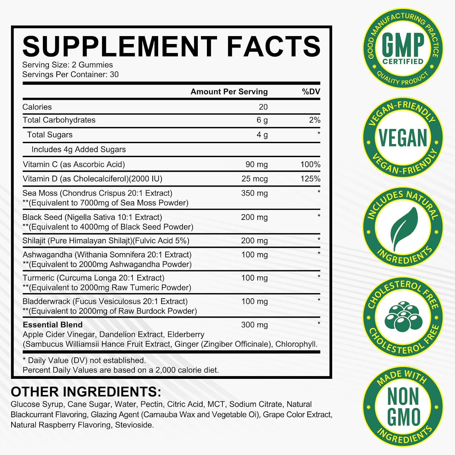 LTQXGT Gominolas de Sea Moss, Bladderwrack, Ashwagandha y Burdock Root - 60 Gominolas Veganas