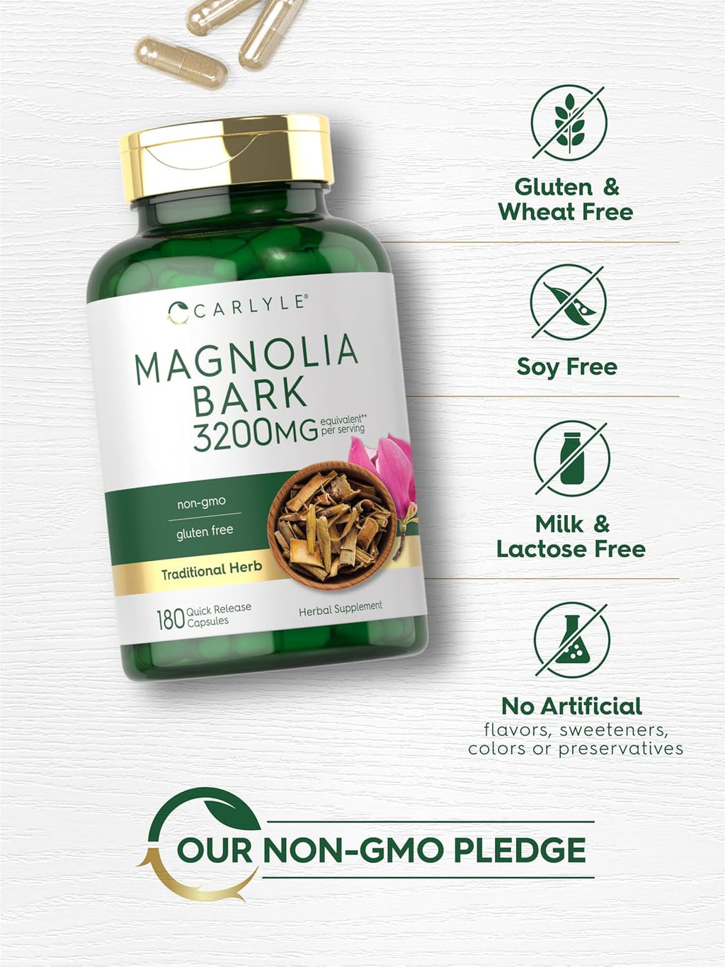 Carlyle Corteza de Magnolia | 180 Cápsulas en Polvo | Suplemento de Extracto Herbal | No-GMO, Sin Gluten