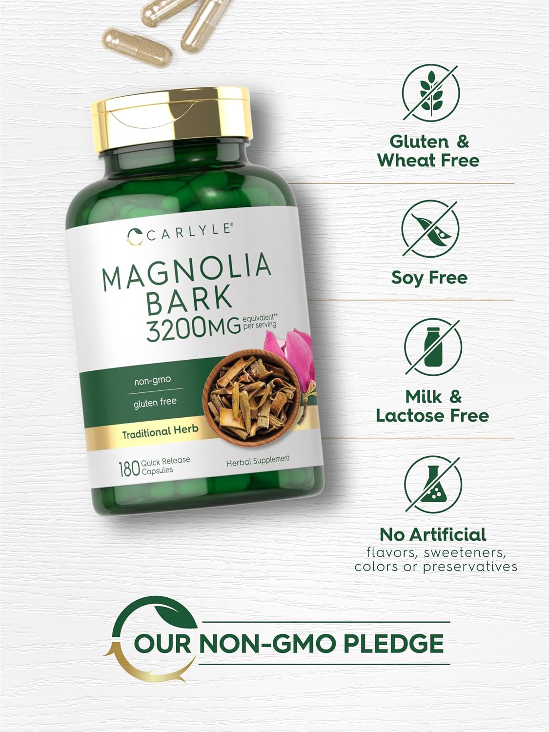 Carlyle Corteza de Magnolia | 180 Cápsulas en Polvo | Suplemento de Extracto Herbal | No-GMO, Sin Gluten