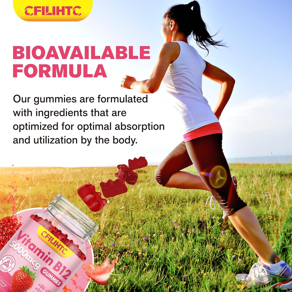 Gominolas de Vitamina B12 5000 mcg (Metilcobalamina) con B6, D3, Hierro y Folato - Sin Azúcar - Sabor Fresa