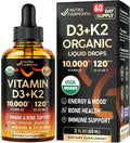 Vitamin D3 K2 USDA Organic Drops - Vitamina D3 10000 IU & K2 como MK-7 120mcg - Apoyo Inmune y de Ánimo, Salud de Huesos y Dientes - Sin Azúcar, Sabor Naranja - Suplemento Líquido - 60 ml, 60 Días