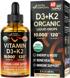 Vitamin D3 K2 USDA Organic Drops - Vitamina D3 10000 IU & K2 como MK-7 120mcg - Apoyo Inmune y de Ánimo, Salud de Huesos y Dientes - Sin Azúcar, Sabor Naranja - Suplemento Líquido - 60 ml, 60 Días