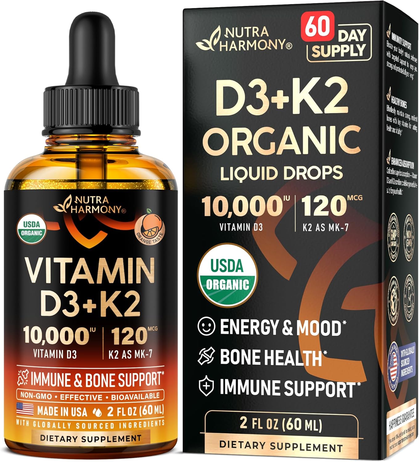 NUTRAHARMONY Gotas Orgánicas de Vitamina D3 y K2 - 10000 UI D3 + 120 mcg K2 MK-7 - Sabor Naranja - Sin Azúcar - 118 ml