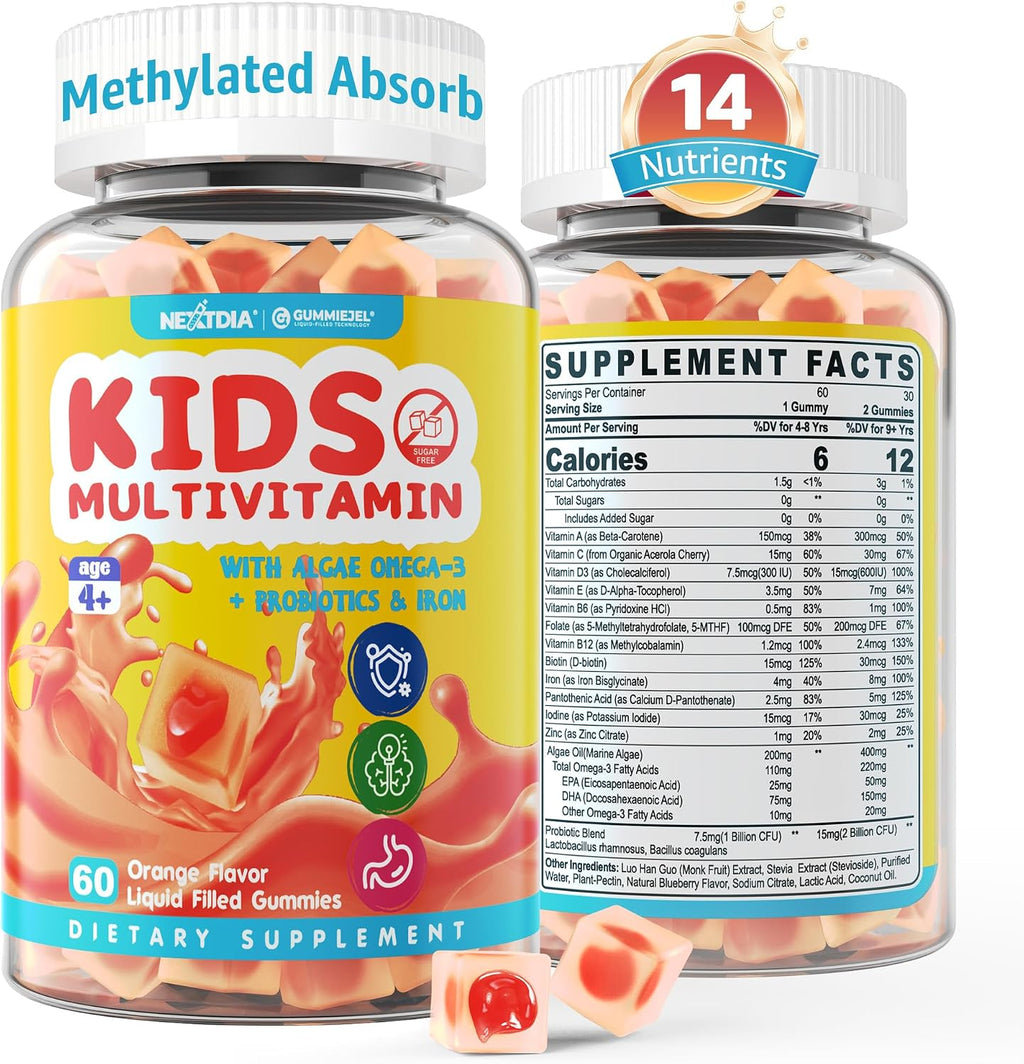 (2 Pack) Multivitamínico Infantil con Hierro, Sin Azúcar, Gomitas con Omega-3, Probióticos, Vitaminas A, C, D, B12, Zinc - Nextdia
