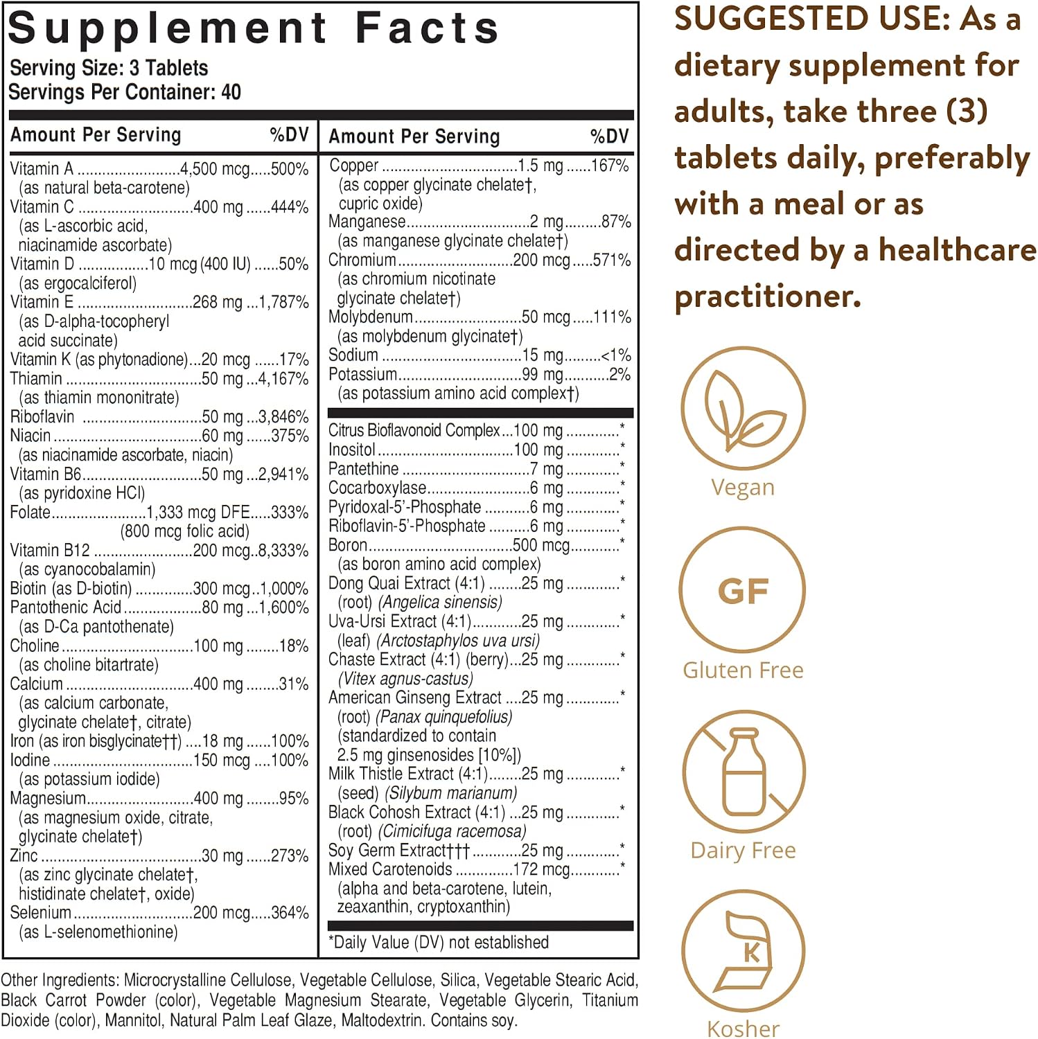 Solgar Female Multiple, 120 Comprimidos - Multivitamínico y Mineral para Mujeres con Fitonutrientes - Apto para Vegetarianos, Sin Trigo, Sin Lácteos, Kosher