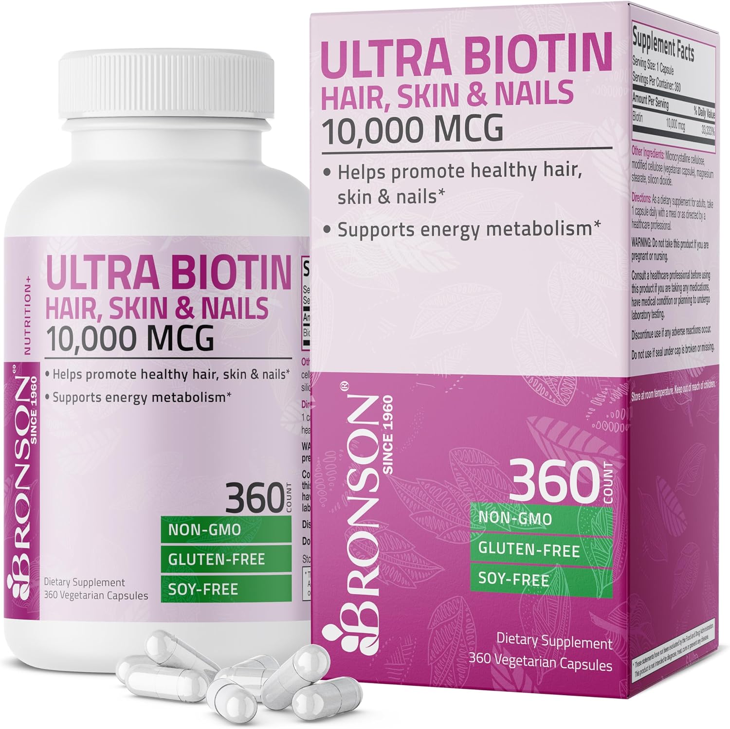 Bronson Ultra Biotin 10,000 mcg – Complemento para Cabello, Piel y Uñas, 120 Cápsulas Vegetales