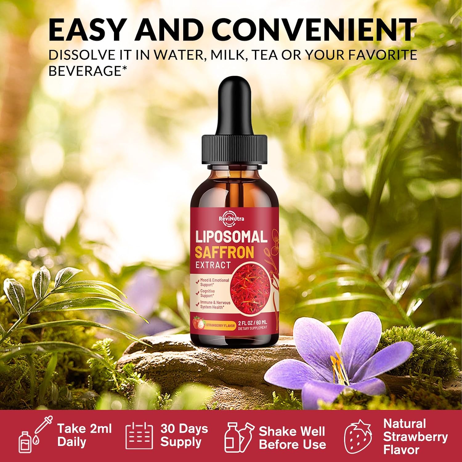 ReviNutra Saffron Extract Liposomal Drops – 88.5mg con Magnesio, Zinc, Ashwagandha, L-Theanina, Vitamina B6, D3 – Sabor Fresa 59ml (2 Fl Oz)