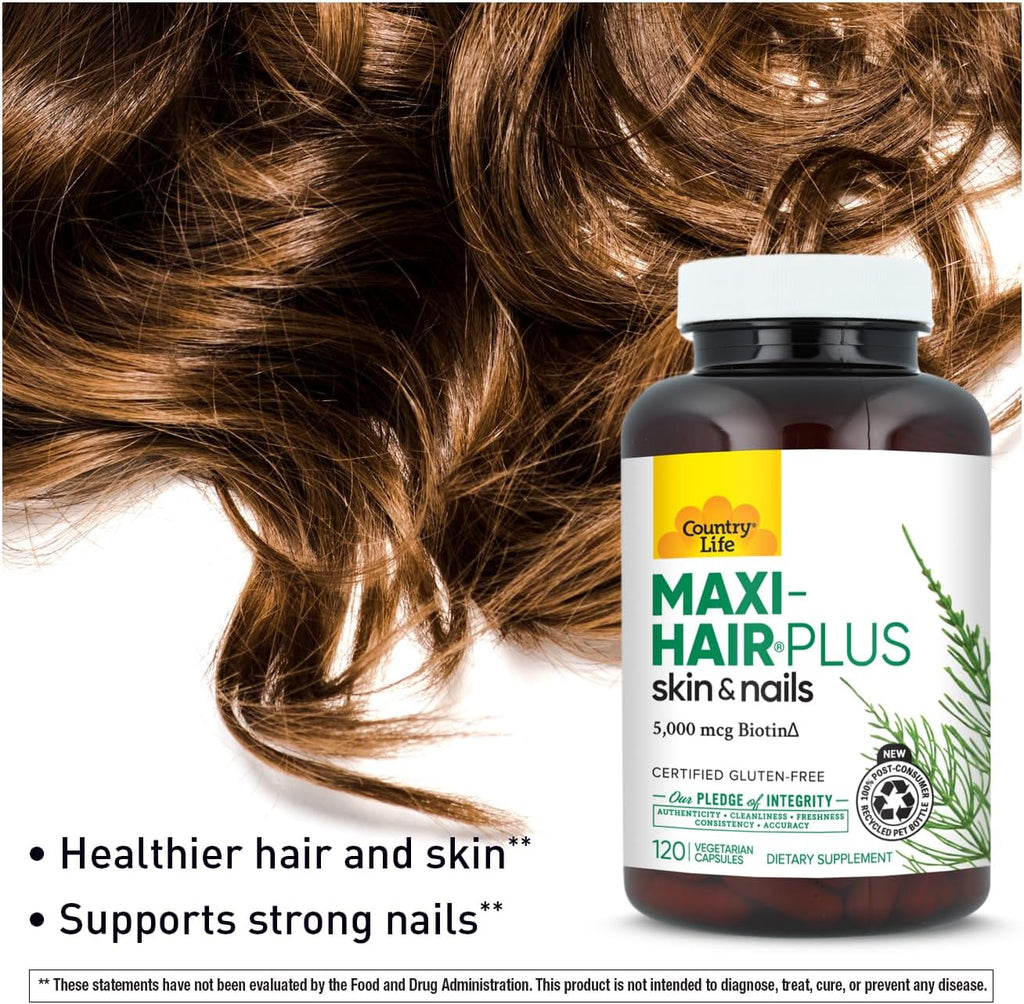Country Life Maxi-Hair Plus - Biotina 5000 mcg para Cabello, Piel y Uñas - 120 Cápsulas Vegetales