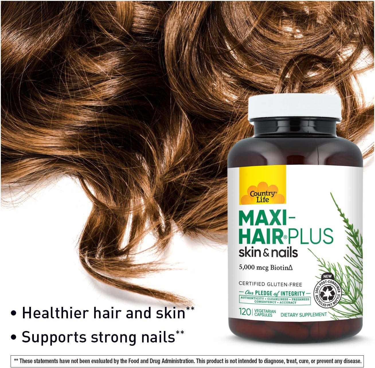 Country Life Maxi-Hair Plus - Biotina 5000 mcg para Cabello, Piel y Uñas - 120 Cápsulas Vegetales
