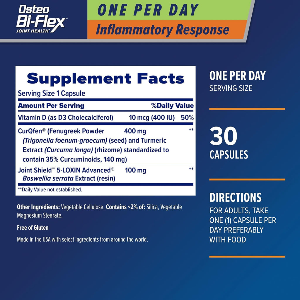 Osteo Bi-Flex One Per Day Inflammatory Response CurQfen, Suplemento para Articulaciones, 30 Cápsulas