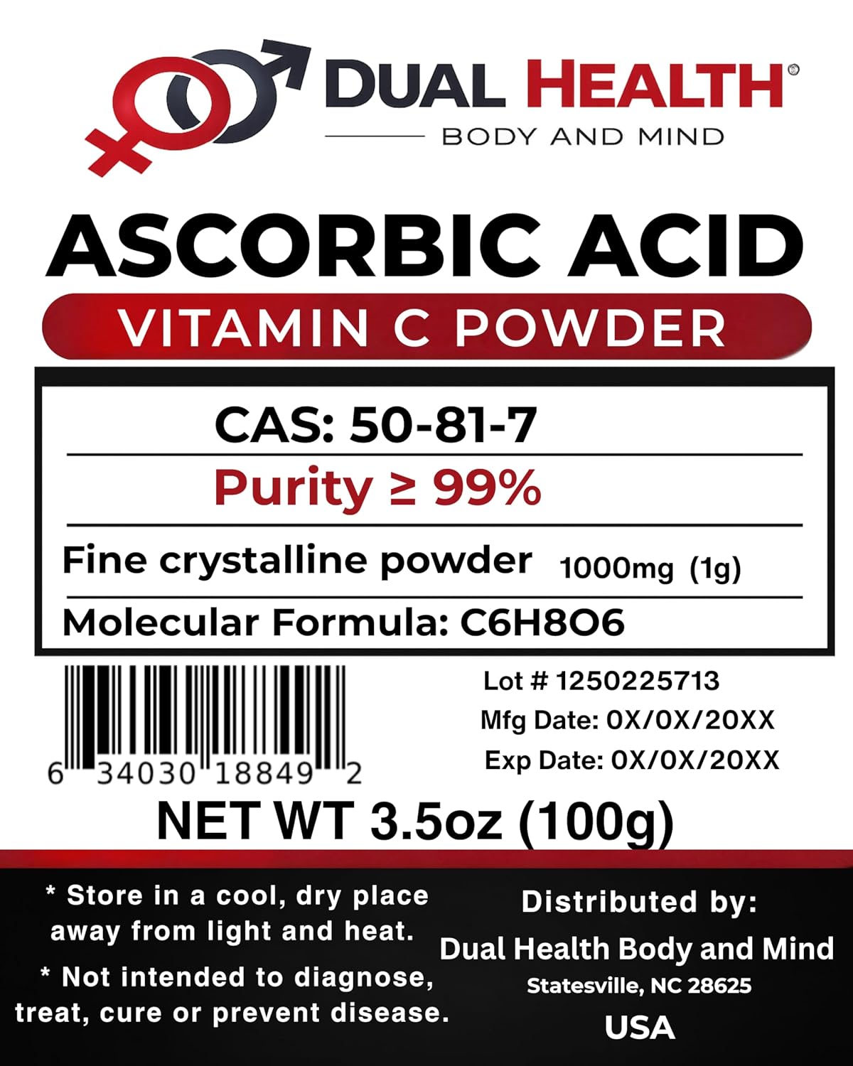 Ácido Ascórbico en Polvo Puro 100 g - Cristales de L-Ácido Ascórbico - Ingrediente Único - Polvo Fino Cristalino - Bolsa Resellable