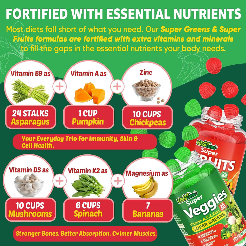 Super Greens Gummies - Complemento Diario de Superalimentos Verdes con Espirulina, Chlorella, Probióticos y Vitaminas, 120 Gominolas