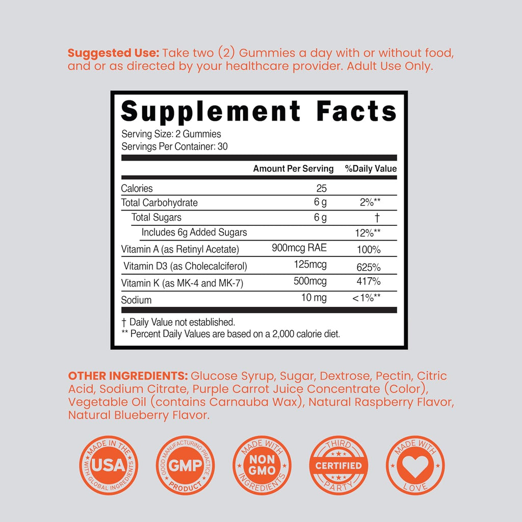 ADK Gummies Vitamina D3 K2 (60 Gominolas Sin Azúcar) - 10000 UI / 5000 UI - Sabor Frambuesa - Vegano - No GMO