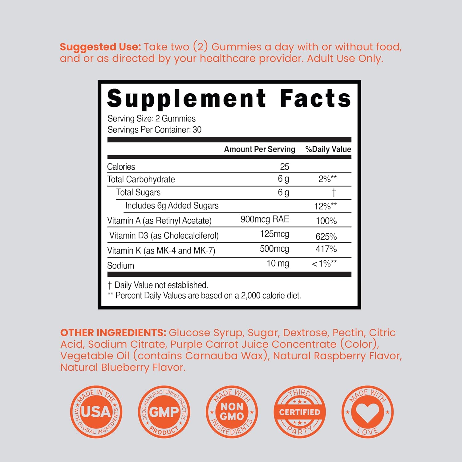 ADK Gummies Vitamina D3 K2 (60 Gominolas Sin Azúcar) - 10000 UI / 5000 UI - Sabor Frambuesa - Vegano - No GMO