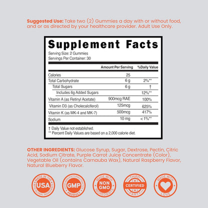 ADK Gummies Vitamina D3 K2 (60 Gominolas Sin Azúcar) - 10000 UI / 5000 UI - Sabor Frambuesa - Vegano - No GMO