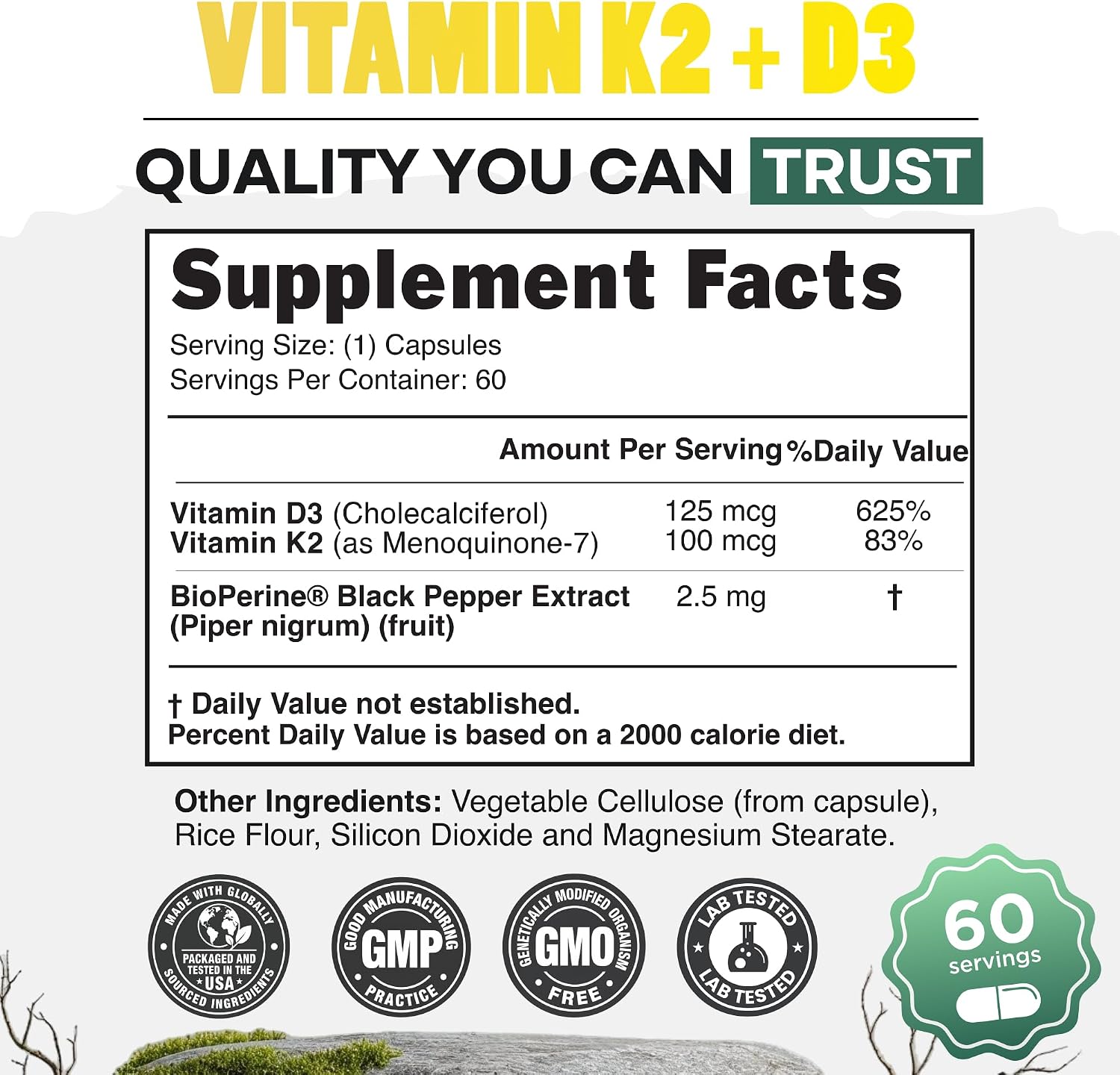Wild Foods Vitamina D3 + K2 (5000 UI / 100 mcg MK-7) con Pimienta Negra - 60 Cápsulas (Pack de 2)