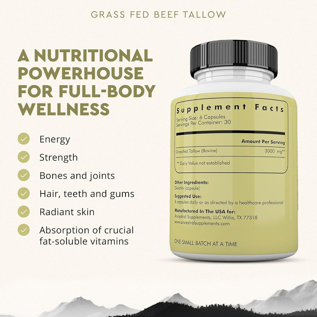 Ancestral Supplements Cápsulas de Sebo de Res Grass Fed, 3000 mg, 180 Cápsulas