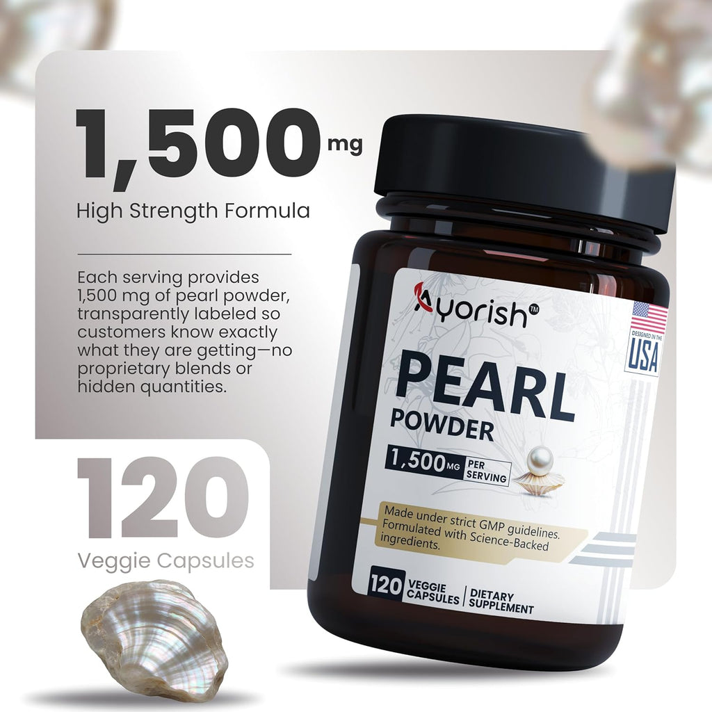 Ayorish Pearl Powder Capsules 1500mg | Polvo de Perla Orgánico Puro | 120 Cápsulas Veganas