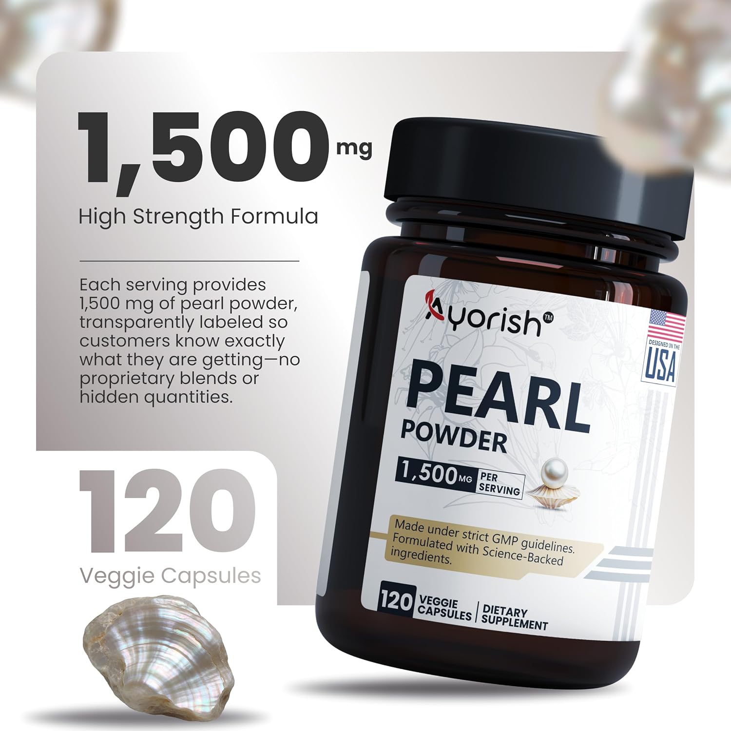Ayorish Pearl Powder Capsules 1500mg | Polvo de Perla Orgánico Puro | 120 Cápsulas Veganas