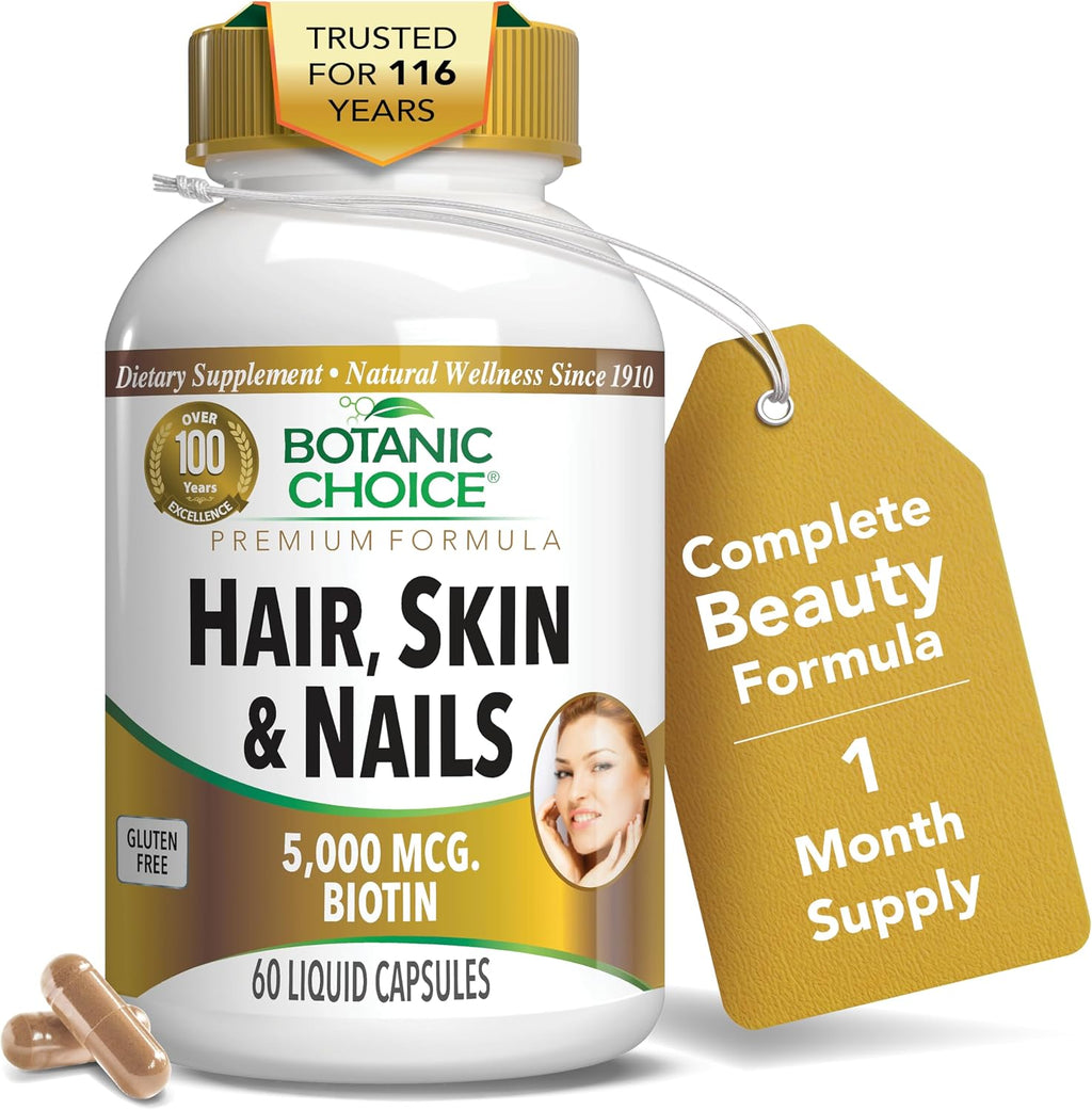 Botanic Choice Vitaminas para Cabello, Piel y Uñas - Suplemento de Biotina con Colágeno, Vitamina C y Hierro - 60 Cápsulas Líquidas
